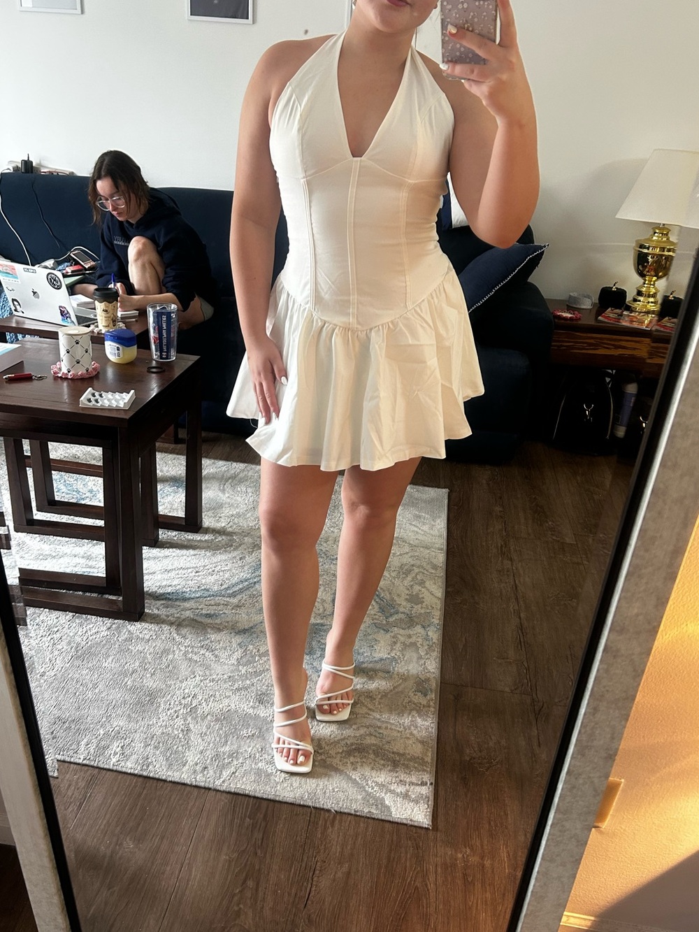 White Halter Ruffle Mini Dress